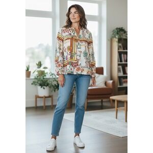 Halston Floral Print Linen Tunic Top Bohemian Style Lightweight 2X NWT